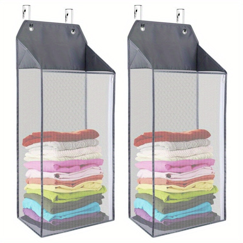 2pcs Foldable Wall Hanging Mesh Laundry Basket Door With Zipper For Storing Dirty Clothes Suitable For Bathrooms And Dormitories, Laundry Baskets