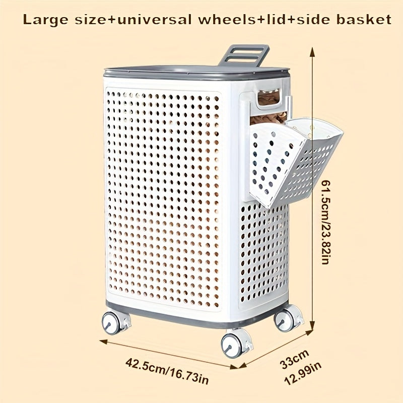 Rolling Laundry Basket with Wheels – White & Gray Plastic Hamper with Ventilated Sides for Clothes, Towels, and Toys – Movable Storage Solution for Dorms, Bedrooms, and Bathrooms, Laundry Room Accessories, Laundry Baskets