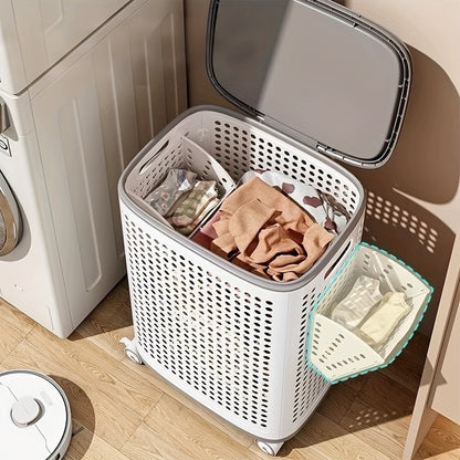Rolling Laundry Basket with Wheels – White & Gray Plastic Hamper with Ventilated Sides for Clothes, Towels, and Toys – Movable Storage Solution for Dorms, Bedrooms, and Bathrooms, Laundry Room Accessories, Laundry Baskets