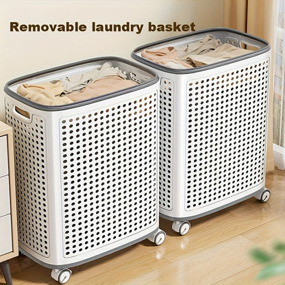 Rolling Laundry Basket with Wheels – White & Gray Plastic Hamper with Ventilated Sides for Clothes, Towels, and Toys – Movable Storage Solution for Dorms, Bedrooms, and Bathrooms, Laundry Room Accessories, Laundry Baskets