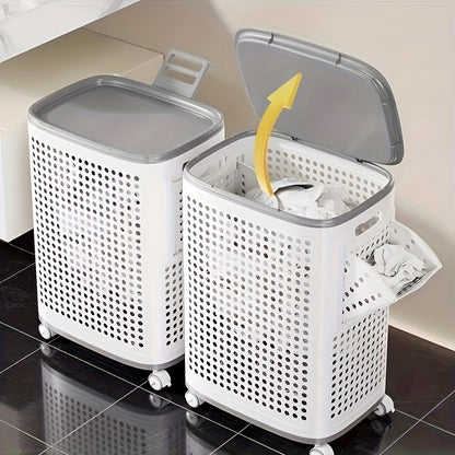 Rolling Laundry Basket with Wheels – White & Gray Plastic Hamper with Ventilated Sides for Clothes, Towels, and Toys – Movable Storage Solution for Dorms, Bedrooms, and Bathrooms, Laundry Room Accessories, Laundry Baskets