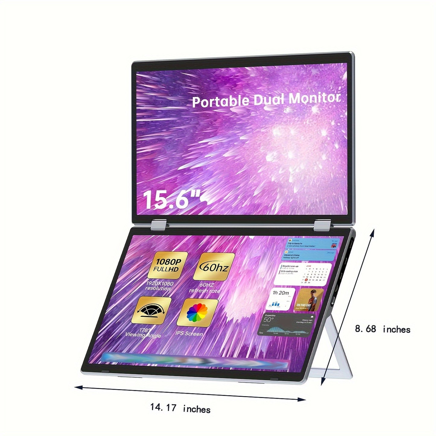 Dual Portable Monitor - 15.6" 1080P FHD & 340° Rotation - Laptop Screen Extender, Folding Stacked Monitor, USB-C HDTV Plug&Play W/Hub For Mac OS/Win OS