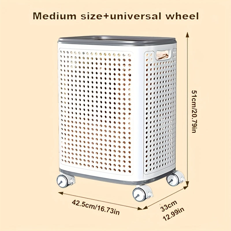 Rolling Laundry Basket with Wheels – White & Gray Plastic Hamper with Ventilated Sides for Clothes, Towels, and Toys – Movable Storage Solution for Dorms, Bedrooms, and Bathrooms, Laundry Room Accessories, Laundry Baskets