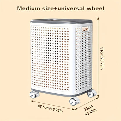 Rolling Laundry Basket with Wheels – White & Gray Plastic Hamper with Ventilated Sides for Clothes, Towels, and Toys – Movable Storage Solution for Dorms, Bedrooms, and Bathrooms, Laundry Room Accessories, Laundry Baskets