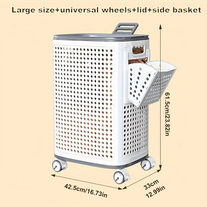 Rolling Laundry Basket with Wheels – White & Gray Plastic Hamper with Ventilated Sides for Clothes, Towels, and Toys – Movable Storage Solution for Dorms, Bedrooms, and Bathrooms, Laundry Room Accessories, Laundry Baskets