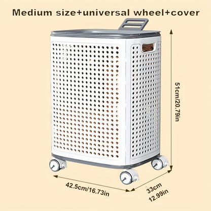 Rolling Laundry Basket with Wheels – White & Gray Plastic Hamper with Ventilated Sides for Clothes, Towels, and Toys – Movable Storage Solution for Dorms, Bedrooms, and Bathrooms, Laundry Room Accessories, Laundry Baskets