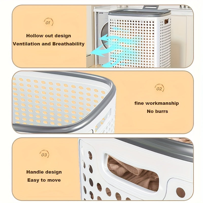 Rolling Laundry Basket with Wheels – White & Gray Plastic Hamper with Ventilated Sides for Clothes, Towels, and Toys – Movable Storage Solution for Dorms, Bedrooms, and Bathrooms, Laundry Room Accessories, Laundry Baskets