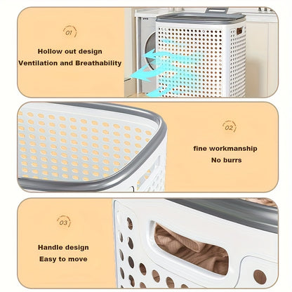 Rolling Laundry Basket with Wheels – White & Gray Plastic Hamper with Ventilated Sides for Clothes, Towels, and Toys – Movable Storage Solution for Dorms, Bedrooms, and Bathrooms, Laundry Room Accessories, Laundry Baskets