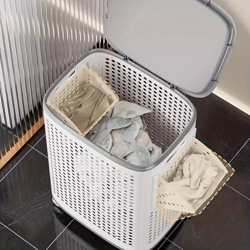 Rolling Laundry Basket with Wheels – White & Gray Plastic Hamper with Ventilated Sides for Clothes, Towels, and Toys – Movable Storage Solution for Dorms, Bedrooms, and Bathrooms, Laundry Room Accessories, Laundry Baskets