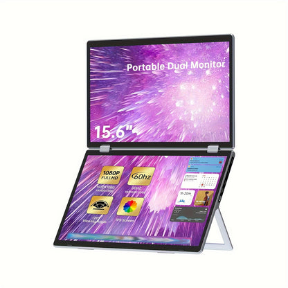 Dual Portable Monitor - 15.6" 1080P FHD & 340° Rotation - Laptop Screen Extender, Folding Stacked Monitor, USB-C HDTV Plug&Play W/Hub For Mac OS/Win OS