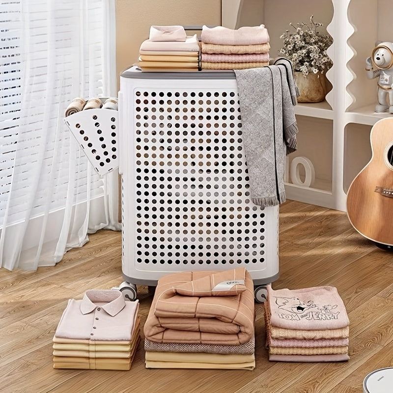 Rolling Laundry Basket with Wheels – White & Gray Plastic Hamper with Ventilated Sides for Clothes, Towels, and Toys – Movable Storage Solution for Dorms, Bedrooms, and Bathrooms, Laundry Room Accessories, Laundry Baskets