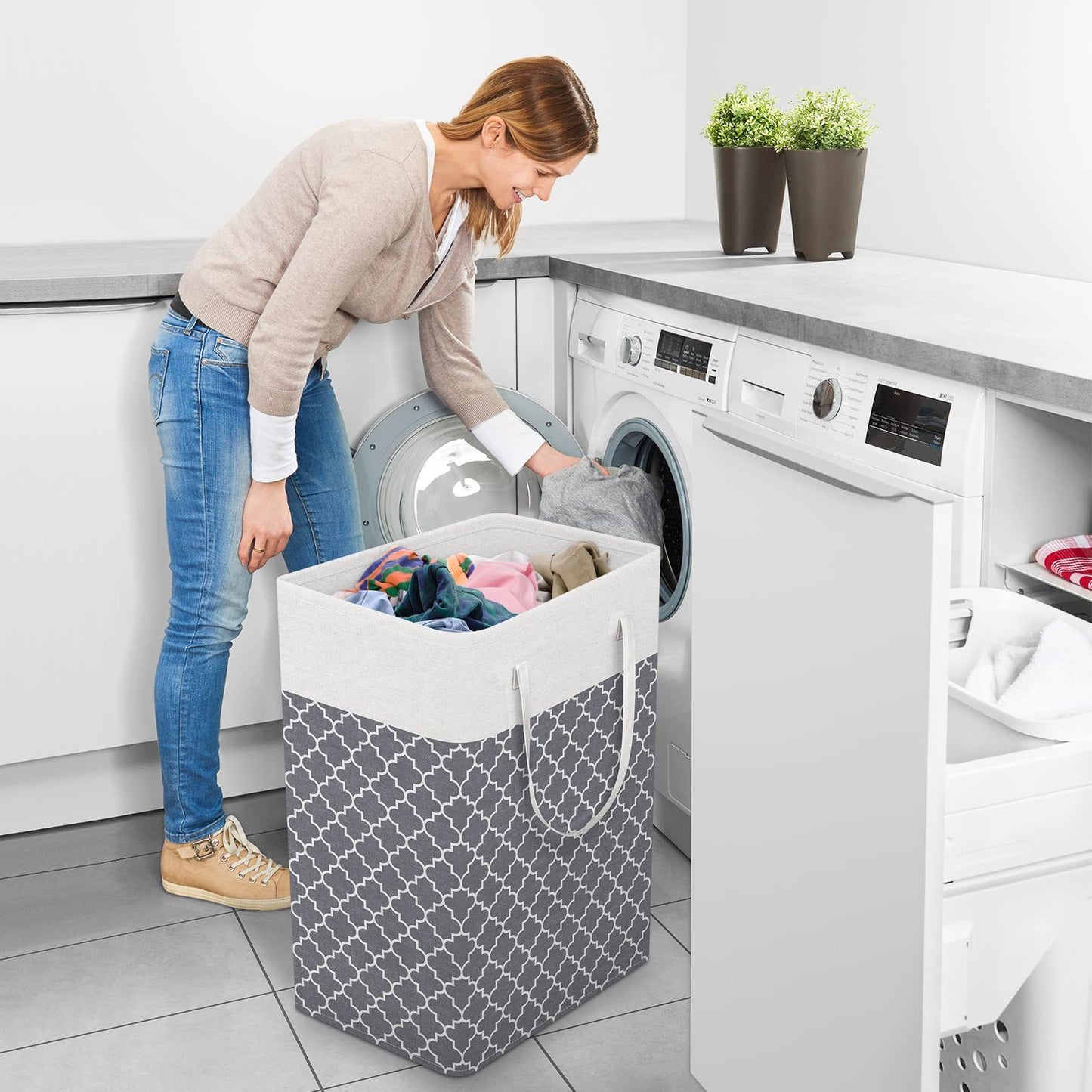 Vivicreate Laundry Basket Hamper Large Collapsible Laundry Hamper with Easy Carry Handles，Freestanding Clothes Hampers for Laundry, Bedroom, Dorm, Clothes, Towels, 75L, Clover Grey