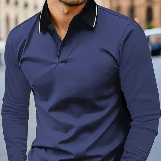 Autumn Men's Lapel Golf Casual Sports Contrast Color Long Sleeves Top