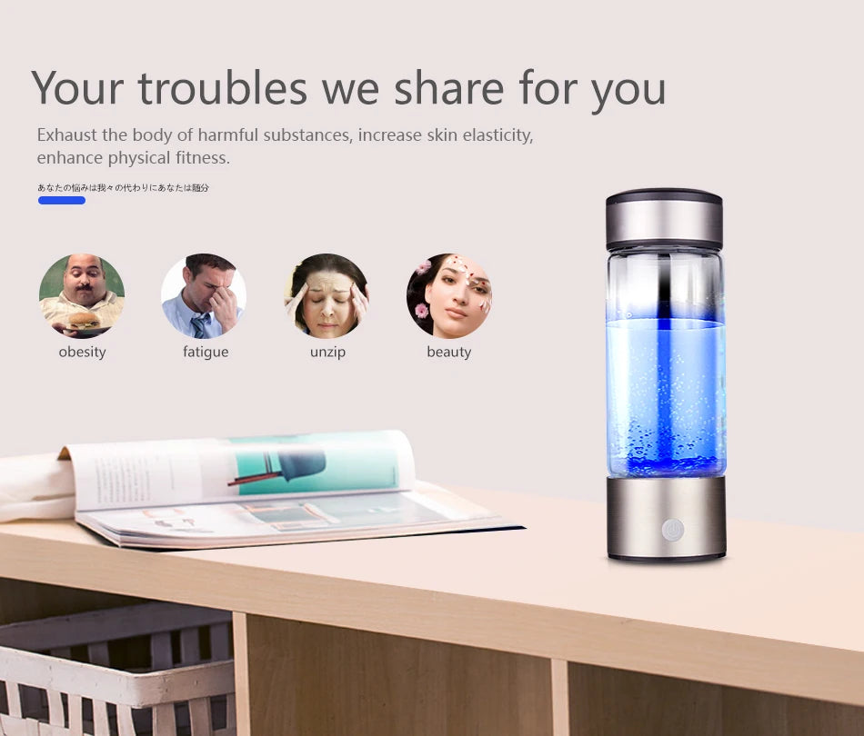 Hydrogen Bottle 420ml Japanese Titanium Quality Hydrogen-Rich Water Cup Ionizer Maker/Generator Super Antioxidants ORP