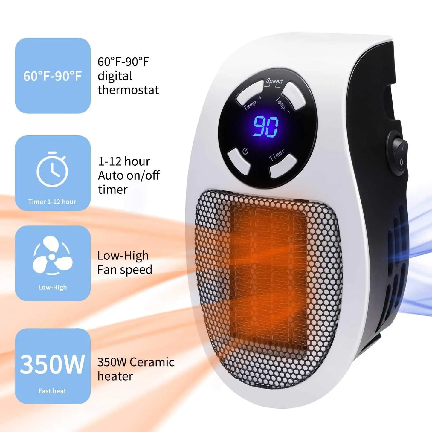 500W Portable Electric Heater Mini Warmer with Adjustable Temperature Timer LED Display Low Consumption for Office Room Heating