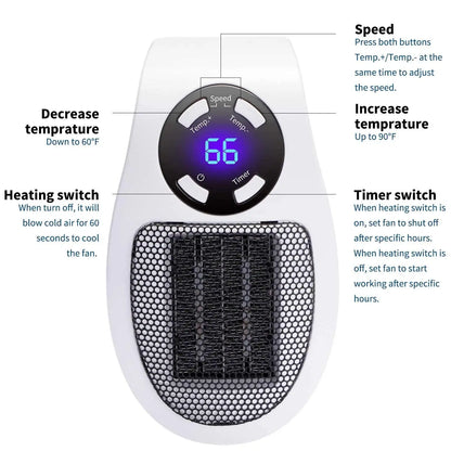 500W Portable Electric Heater Mini Warmer with Adjustable Temperature Timer LED Display Low Consumption for Office Room Heating
