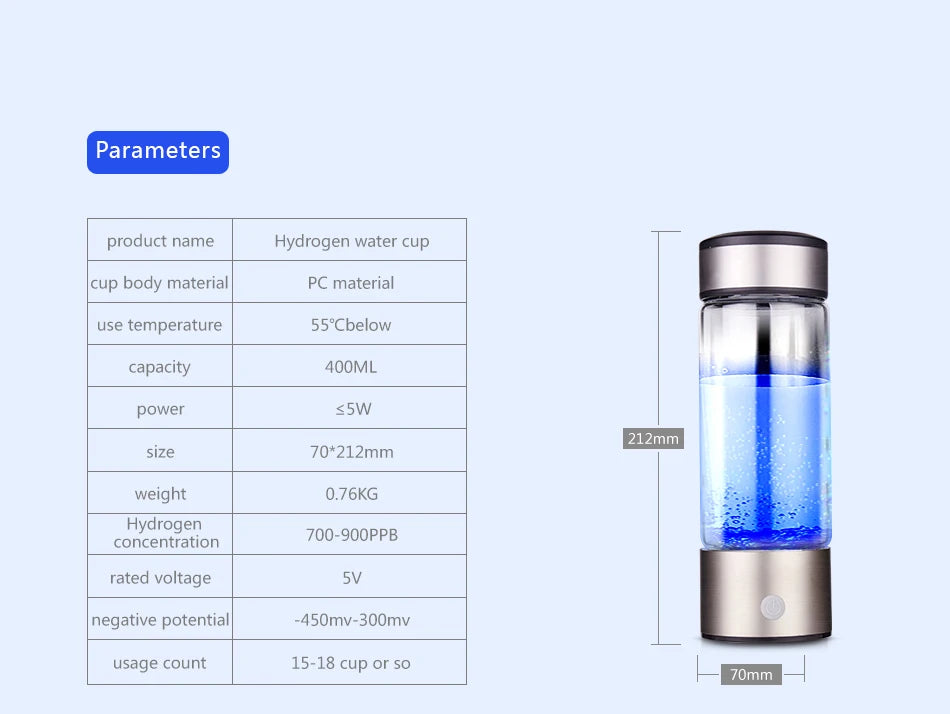 Hydrogen Bottle 420ml Japanese Titanium Quality Hydrogen-Rich Water Cup Ionizer Maker/Generator Super Antioxidants ORP