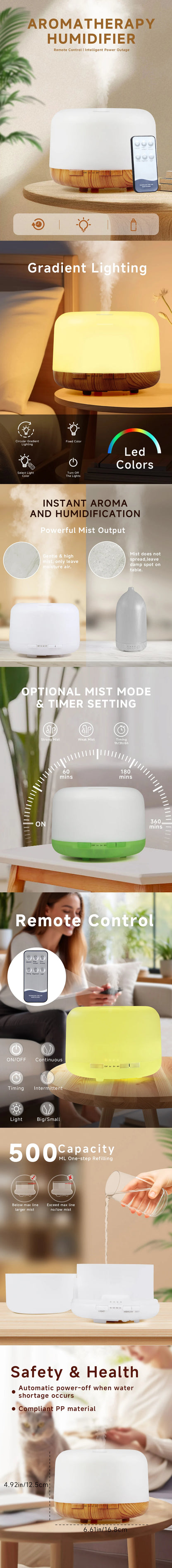 500ml Essential Oil Diffuser Quiet Aromatherapy Mist Diffusers Ultrasonic Remote Control Air Humidifier with Timing Function