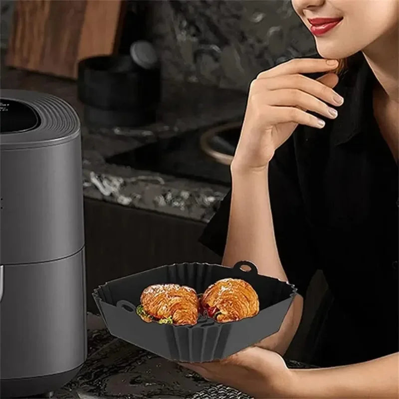 1pc silicone air fryer pot tray with handle, square air fryer baking pan, reusable Air Fryer liner for kitchen baking