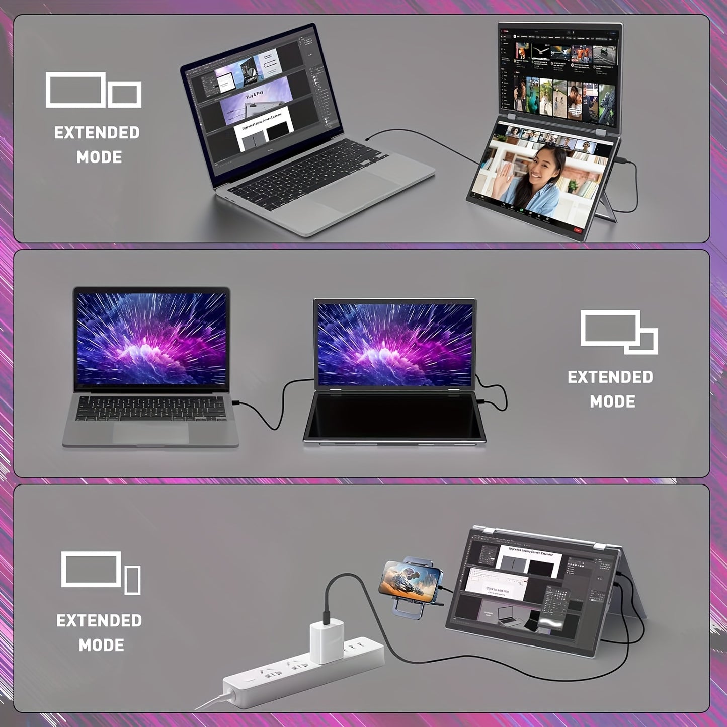 Dual Portable Monitor - 15.6" 1080P FHD & 340° Rotation - Laptop Screen Extender, Folding Stacked Monitor, USB-C HDTV Plug&Play W/Hub For Mac OS/Win OS
