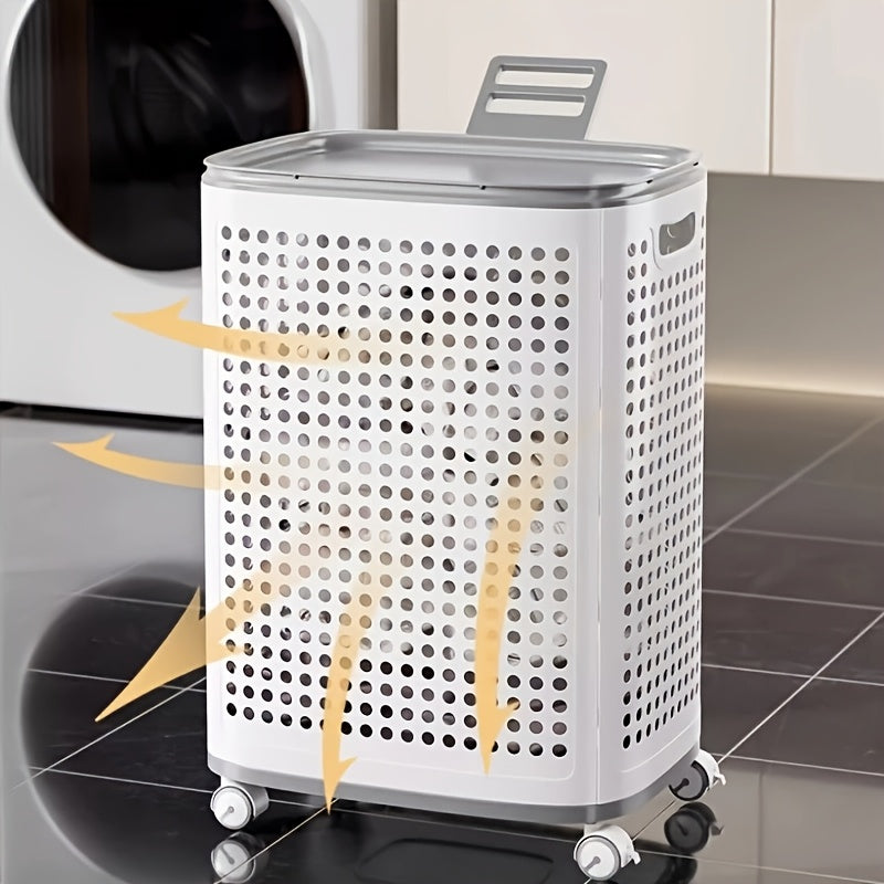 Rolling Laundry Basket with Wheels – White & Gray Plastic Hamper with Ventilated Sides for Clothes, Towels, and Toys – Movable Storage Solution for Dorms, Bedrooms, and Bathrooms, Laundry Room Accessories, Laundry Baskets