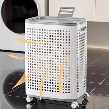 Rolling Laundry Basket with Wheels – White & Gray Plastic Hamper with Ventilated Sides for Clothes, Towels, and Toys – Movable Storage Solution for Dorms, Bedrooms, and Bathrooms, Laundry Room Accessories, Laundry Baskets
