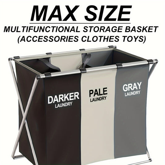 Office Sorting 3 Section Laundry Basket Printed Light Color, Foldable Hamper Sorter With Waterproof Oxford Bags