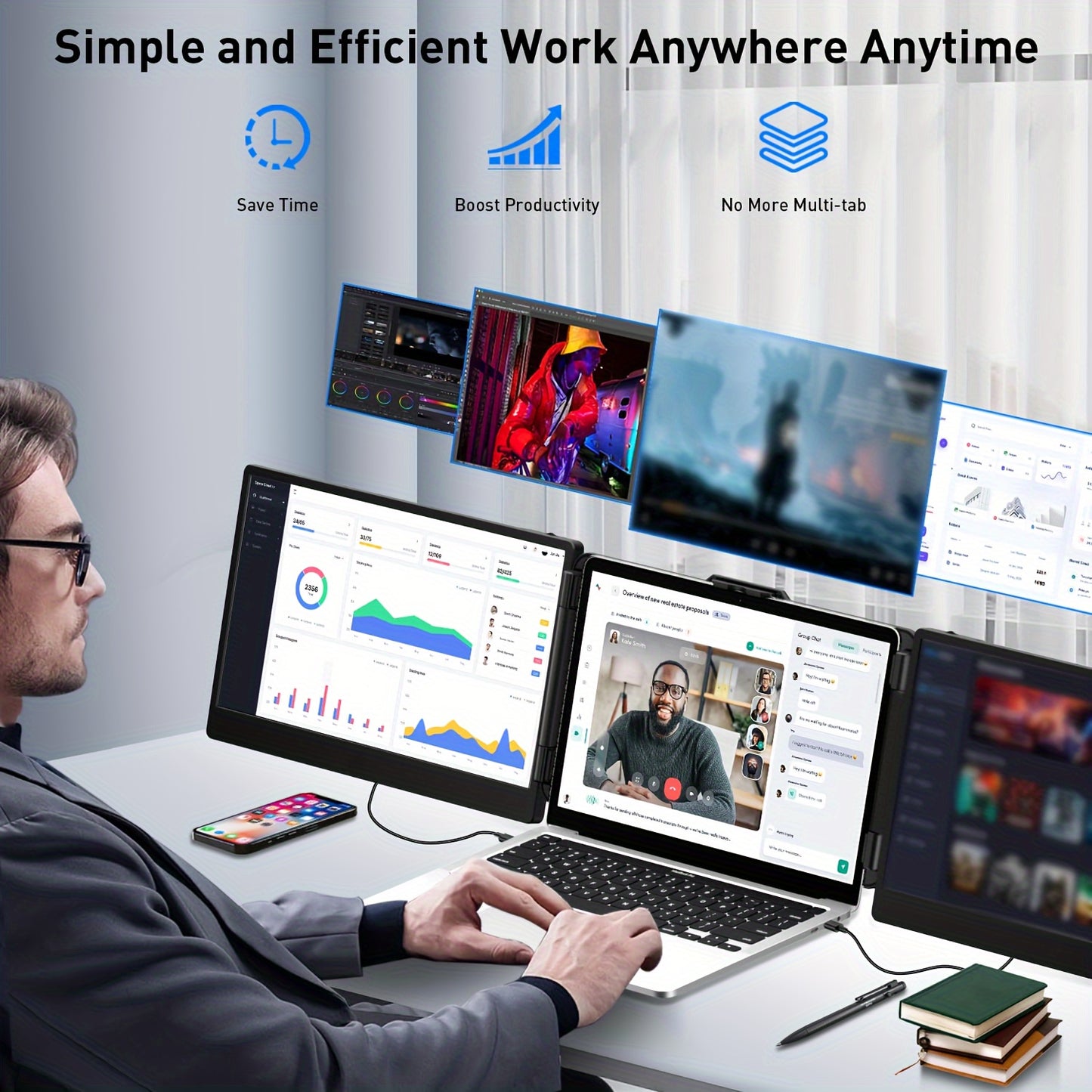 A2 14'' Laptop Dual Monitor Extender Plug & Play, 1080P HD Portable Laptop Screen Extender for 13-17'' Laptops, Compatible with Windows/ Mac/ Surface/ Android/ Switch