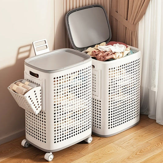Rolling Laundry Basket with Wheels – White & Gray Plastic Hamper with Ventilated Sides for Clothes, Towels, and Toys – Movable Storage Solution for Dorms, Bedrooms, and Bathrooms, Laundry Room Accessories, Laundry Baskets